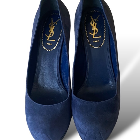 YSL Yves Saint Laurent Trib Navy Blue Suede Heels Pumps Size  7.5 US. 37 1/2EU - Picture 4 of 13